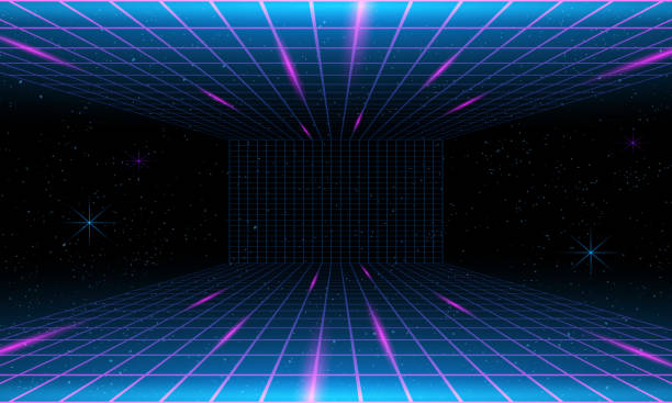 Synthwave wireframe net illustration with smoke or fog. Abstract digital background. 80s, 90s Retro futurism, Retro wave cyber grid. Deep space surfaces. Neon lights glowing. Starry background. Vector 3D Rendering