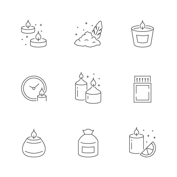 Set line icons of candle Set line icons of candle isolated on white. Matches, wax, burning time, aromatherapy, gift package, home decoration. Vector illustration home fragrance stock illustrations