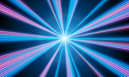 Laser show with star beams, Laser abstract background blue pink lines moving out. the rays of the star scatter in different directions with bright lights in the center, the rays from the middle of the frame