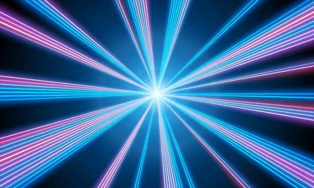 Vector illustration of Laser show with star beams, Laser abstract background blue pink lines moving out. the rays of the star scatter in different directions with bright lights in the center, the rays from the middle of the frame