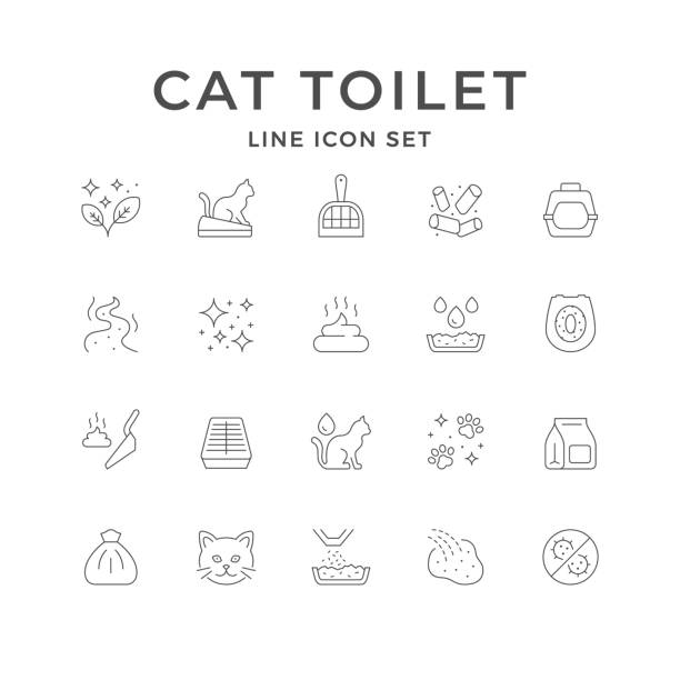 illustrations, cliparts, dessins animés et icônes de définir les icônes de ligne de la toilette pour chat - litter box box clean shovel