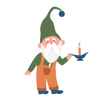 Gnome with candle. Fairytale cute character, magic dwarf holds candle vector illustration