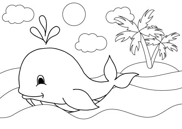 Vector illustration of Cute cartoon sperm whale. Coloring book or page for kids. Marine life