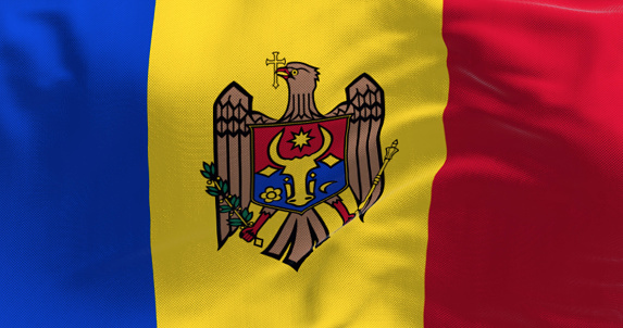 Close-up view of the Moldova national flag waving in the wind. Republic of Moldova is a landlocked country in Eastern Europe. Selective focus. 3d illustration render. Fluttering fabric background