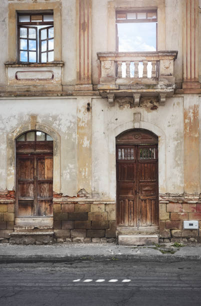 Street view of an old building facade, architecture background, Riobamba, Ecuador.