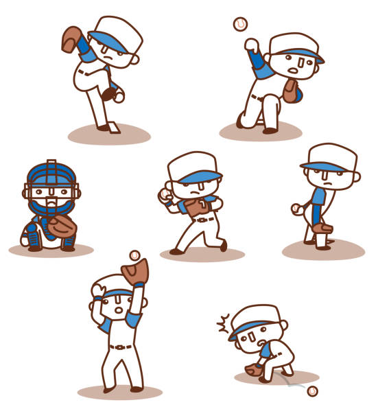 Set of vector illustrations playing baseball Set of vector illustrations playing baseball, pitcher, catcher, fielder left handed catcher stock illustrations