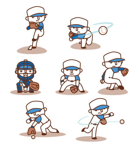 Set of vector illustrations playing baseball Set of vector illustrations playing baseball, pitcher, catcher, fielder left handed catcher stock illustrations