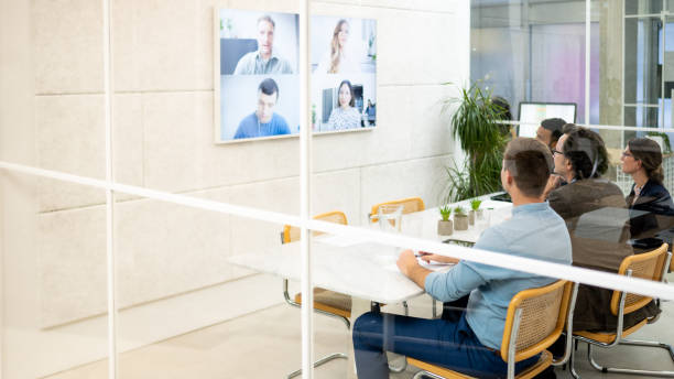 istock Corporate workers online communication with remote team in web conference meeting 1578812867
