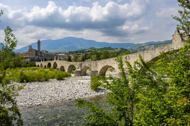 istock Gobbo Bridge also Devil Bridge or Ponte del Diavolo or Ponte Gobbo in Bobbio, Piacenza province, Trebbia Valley, Emilia Romagna, Italy 1578830758