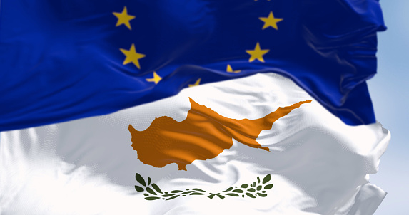 Cypriot flag waving with European Union flag. Symbolic unity and pride. Perfect for national identity, European cooperation. 3d illustration render. Fluttering fabric