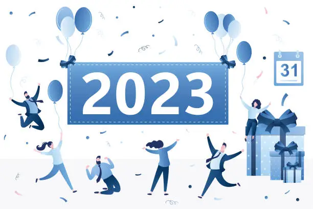 Vector illustration of Group of people celebrating new 2023 year. Merry christmas, funny corporate party. Happy tiny businesspeople with gift boxes, balloons and confetti. 31 December, celebration event.