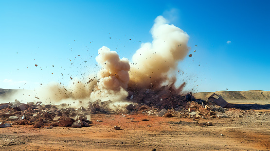 Rock dust clouds and debris during detonator blast on the construction site in the middle east