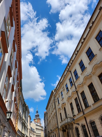 A view of the City Hall tower from the perspective of All Saints' Square in Cracow.
