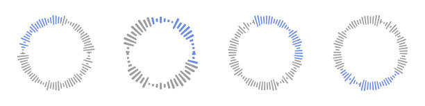 음파 수집. 오디오 막대, 음성 메시지 및 라디오 아이콘으로 리듬을 재생합니다. 벡터 형식의 음악 교향곡. 흰색 배경에 분리된 평면 그림. - sound effect stock illustrations