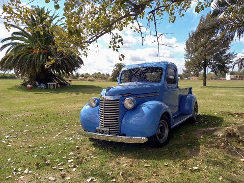 Chascomus, Argentina – April 16, 2023: Old blue 1940 Chevrolet Chevy pickup truck hot rod in the countryside under a tree. CAACMACH 2023 classic car show. Sunny day