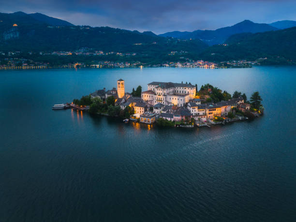 Aerial view of San Giulio island, Orta Lake, Italy stock photo