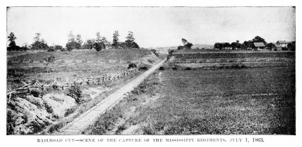 Railroad Cut at Gettysburg, Pennsylvania, Battle, American Civil War 1861-1865 Mississippi Regiments were captured by Union soldiers at the Railroad tracks. The battle of Gettysburg, when the Union army defeated the Confederate soldiers, is considered the turning point of the American Civil War. The most casualties in one battle occurred July 1–3, 1863 at Gettysburg, Pennsylvania. Photograph engraving published 1896. Original edition is from my own archives. Copyright has expired and is in Public Domain. rail fence stock illustrations