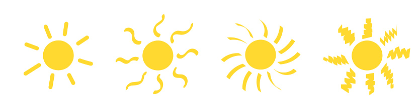 Variety of suns set. Simple yellow sun icon. Summer sunshine in a simple and cheerful style. Isolated vector illustrations on white background.