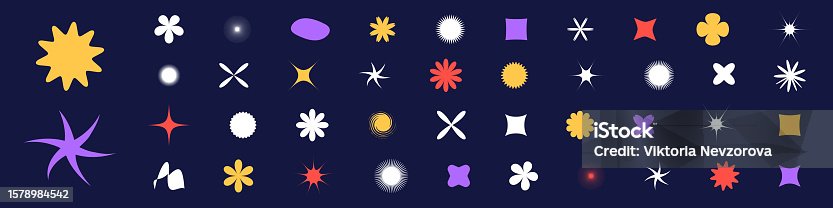 istock Abstract geometric shapes, iconic star and flower elements in retro Y2K design. Stickers and figures in funky graphic style. Flat vector illustrations isolated background. 1578984542
