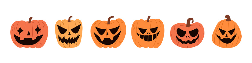 Cute Halloween Pumpkin Set. Smiling cartoon lantern faces. Helloween holiday characters in the shape of pumkin. Flat illustrations isolated on white background.