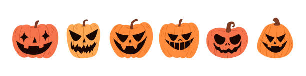 Cute Halloween Pumpkin Set. Smiling cartoon lantern faces. Helloween holiday characters in the shape of pumkin. Flat illustrations isolated on white background. Cute Halloween Pumpkin Set. Smiling cartoon lantern faces. Helloween holiday characters in the shape of pumkin. Flat illustrations isolated on white background. caricature portrait board stock illustrations