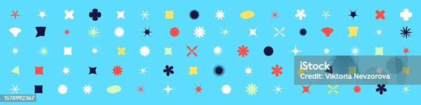 istock Geometric shapes, star symbols, flower design in Y2K retro style. Abstract graphic stickers and figures, icons. Flat vector illustrations isolated background. 1578992367