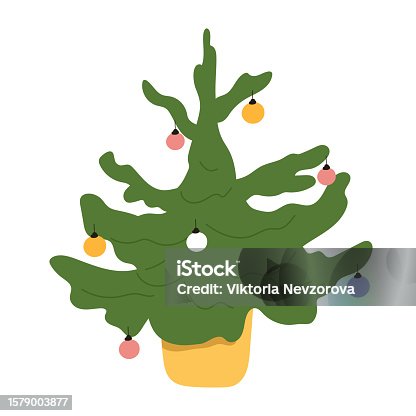 istock Hand-Drawn Christmas Tree Icon. Festive Xmas Spruce. Green Fir Cartoon with Decorated Ornaments. Flat Illustrations Isolated on White Background. 1579003877