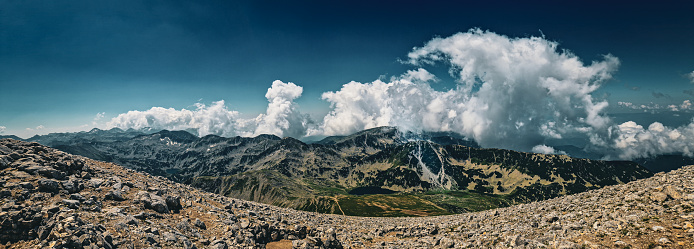 Photo of Vihren peak and the vertical wall, climbing the Dzhamjiev edge.