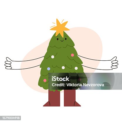 istock Happy Xmas Tree Cartoon set. Fun character with a cute smile, boots, and hands, brightened by Christmas lights. A joyful way to welcome the New Year. Flat illustrations isolated on white background. 1579004918