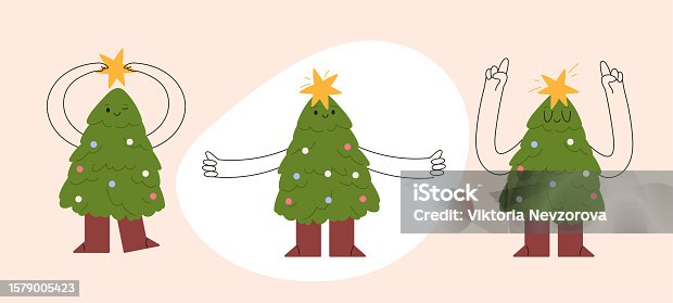 istock Happy Xmas Tree Cartoon set. Fun character with a cute smile, boots, and hands, brightened by Christmas lights. A joyful way to welcome the New Year. Flat illustrations isolated on white background. 1579005423
