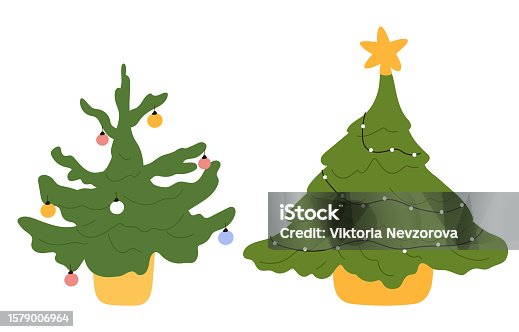 istock Merry Christmas Tree Icon. Festive Xmas Fir with Star Decorations. Cartoon Graphic for New Year's Winter Background. Flat Illustrations Isolated 1579006964