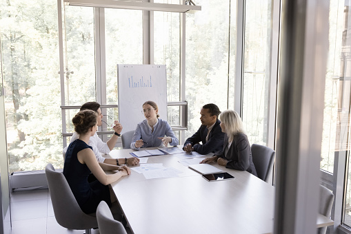 Business team of diverse colleagues meeting in boardroom with mentor, teacher for corporate training, educating seminar, sitting at table in modern office interior with glass walls