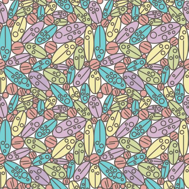 Seamless abstract geometry pattern. Simple background on blue, green, violet, yellow circles, ovals and lines. Illustration. Illustration. Designed for textile fabrics, wrapping paper, background, wallpaper, cover. sho instrument stock illustrations