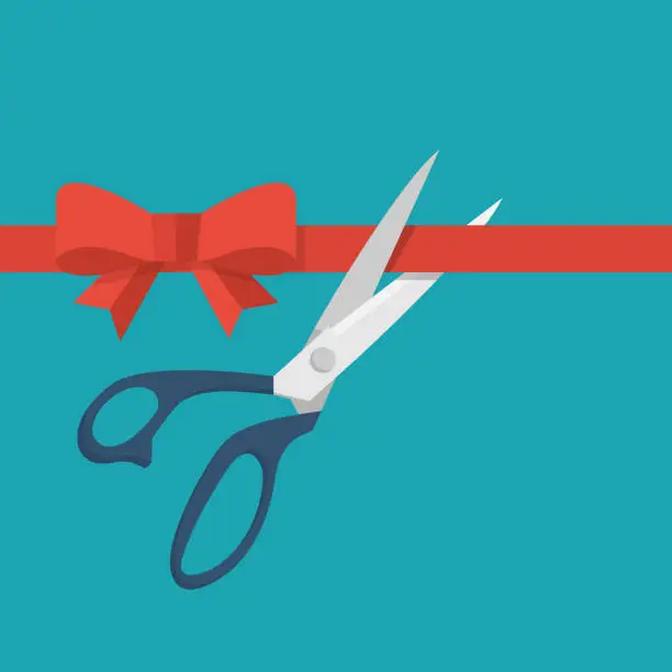 Vector illustration of Grand opening concept. Scissors cuts red tape with bow.