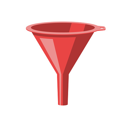 Plastic funnel vector flat icon. Red household plastic funnel for oil or water. Vector illustration flat design. Isolated on white background.