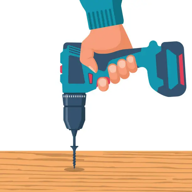 Vector illustration of Screwdriver in hands of men. Tightening the screw in wood panel