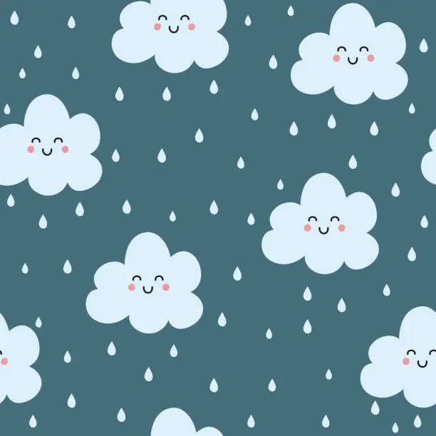 Vector illustration of Seamless pattern with clouds and rain drops. Cute background for kids.