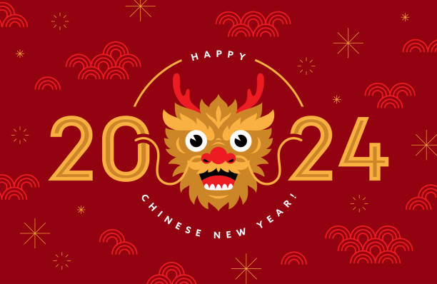 chinesisches neujahrsfest 2024 mit drachenkopf - chinese new year 2024 stock-grafiken, -clipart, -cartoons und -symbole