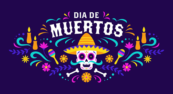 Dia de los Muertos colorful banner with the skull in sombrero. Mexican Day Of the Dead holiday vector illustration.