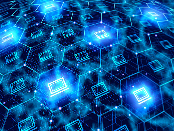 Computer networking with countless computer in hexagons stock photo