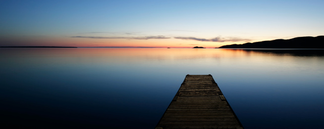 serene lake at twilight with dock, panoramic frame (XL)
