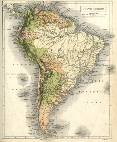 Vintage map of South America in 1861