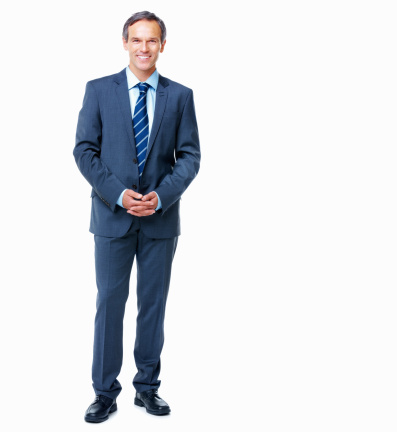 Full length of smart business man smiling with confidence over white background