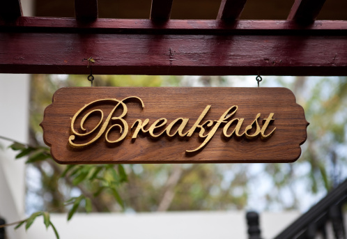 A sign marking out the breakfast hall at the Thazin Garden Hotel in Bagan.