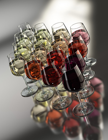 16 colors of wine from dark red to white. Shallow depth of field 3d render.