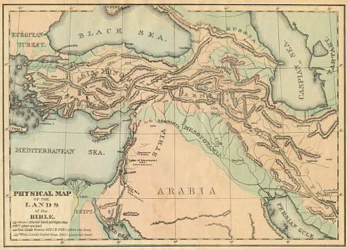 Physical map of the lands of the bible dated 1875. Original map by Harper & Brothers, New York digital image and restoration by Nicholas Belton.