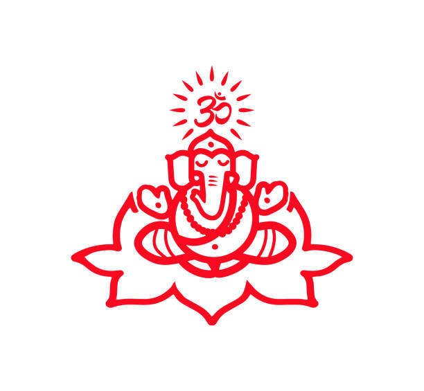 ilustraciones, imágenes clip art, dibujos animados e iconos de stock de lord ganesh en posición de loto y om - ganesha om symbol indian culture hinduism