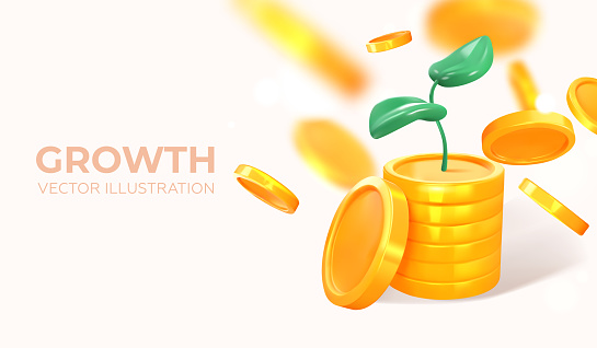 Coins with sprout. Income growth. In 3d style. Growth hacking. Vector illustration.