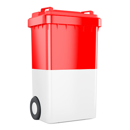 Waste container with Indonesian, Monacan flag, 3D rendering isolated on white background