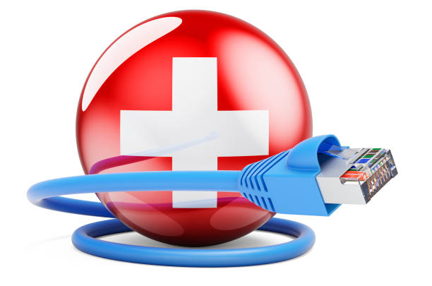 Internet connection in Switzerland. Lan cable with Swiss flag. 3D rendering isolated on white background